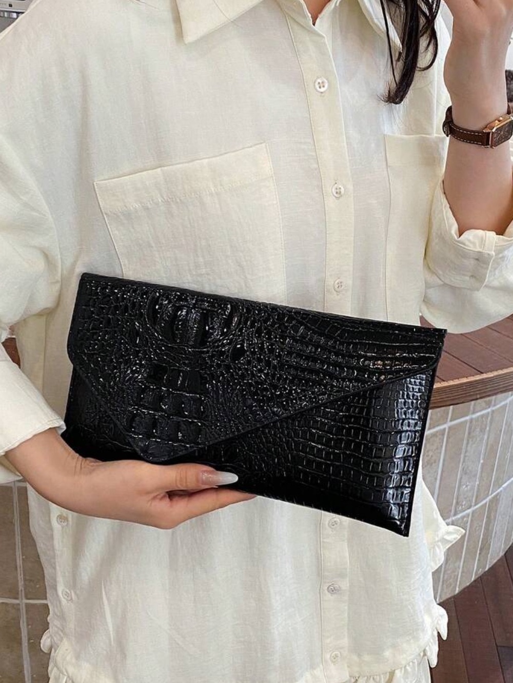 Black Croc-Embossed Envelope Clutch